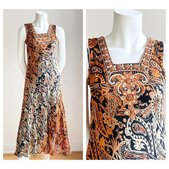 Vintage Bias Cut Paisley Print Midi Dress w Beaded Detail S - Picture 1 of 10